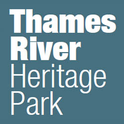 Logo. White text on light blue background. Thames River Heritage Park