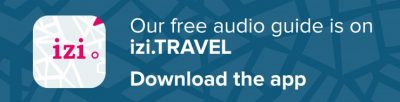 Blue banner with izi.Travel logo and white text that says "Our free audio guide is on izi.TRAVEL Download the app. 
